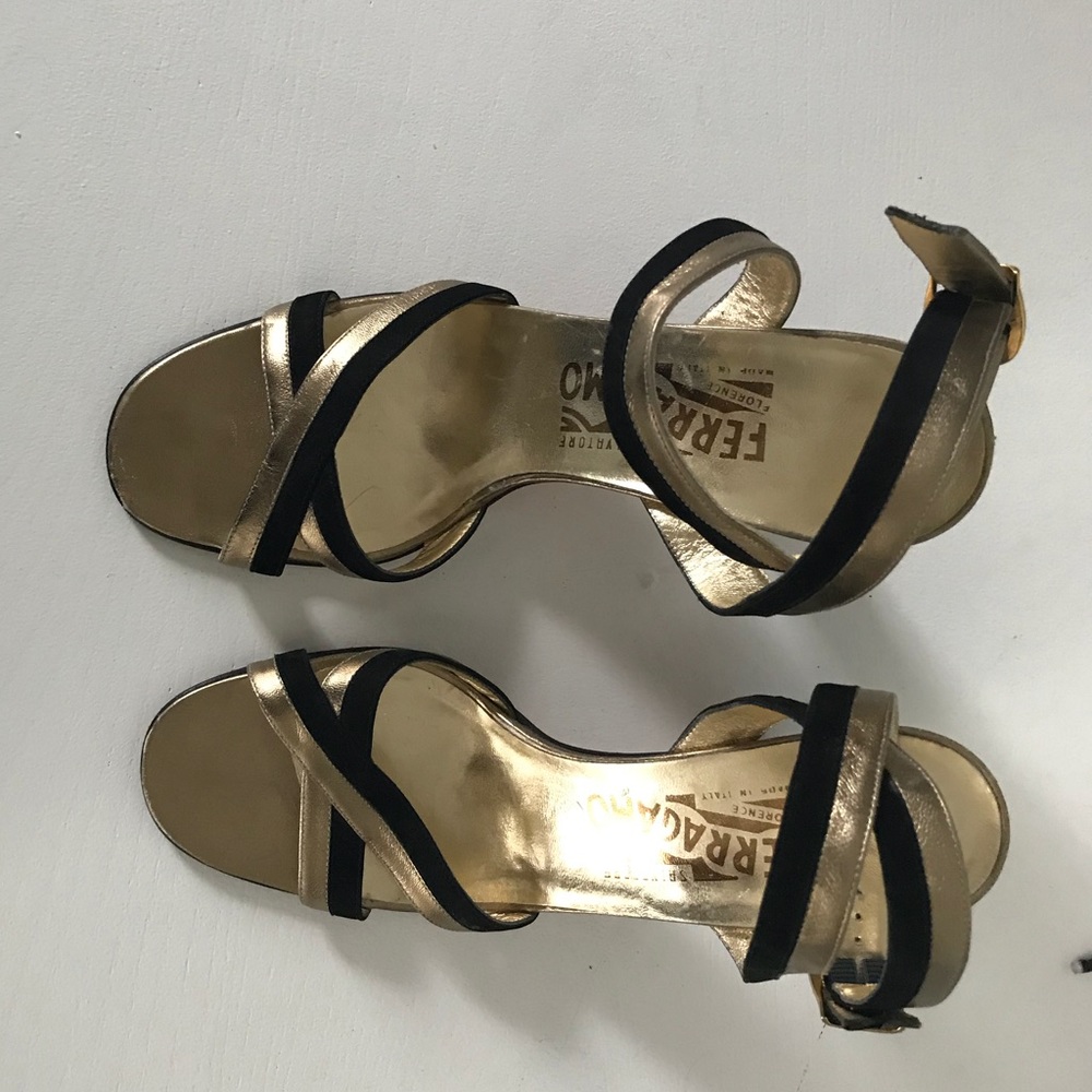 Gold Leather and Black Suede Pumps